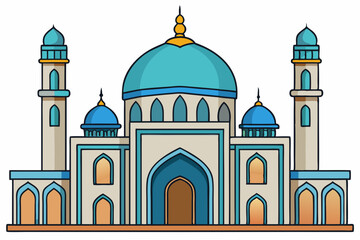 Central Dome Mosque with Minarets - Vector Illustration