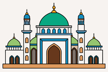 Central Dome Mosque with Minarets - Vector Illustration