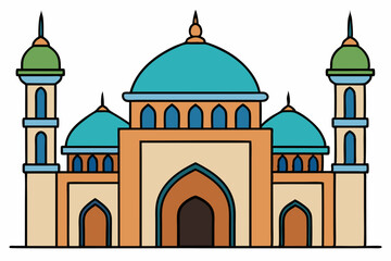 Central Dome Mosque with Minarets - Vector Illustration