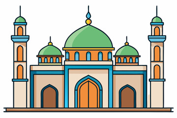 Central Dome Mosque with Minarets - Vector Illustration