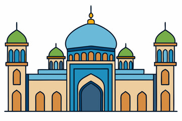 Central Dome Mosque with Minarets - Vector Illustration