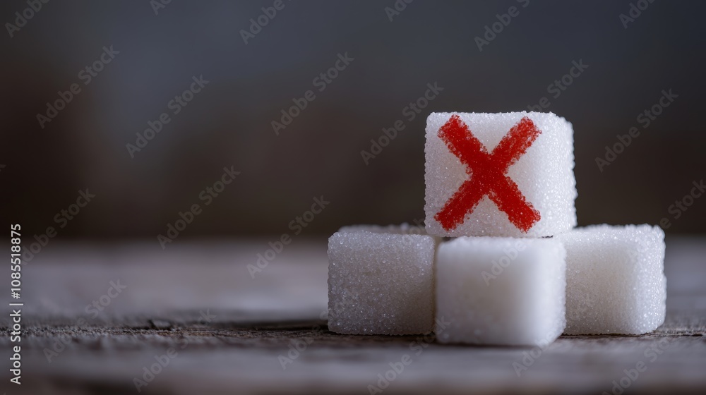 Poster four sugar cubes are laying on a wooden table, with the top one marked with a red x, representing th