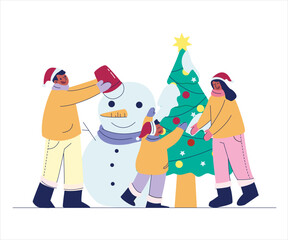 Happy Family making a Snowman Together. Christmas Activity Concept Illustrations.