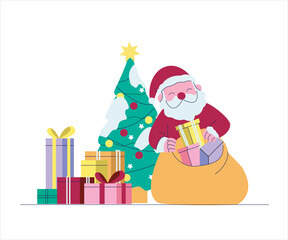 Santa puts Christmas presents on Christmas Eve. Christmas Activity Concept Illustrations.