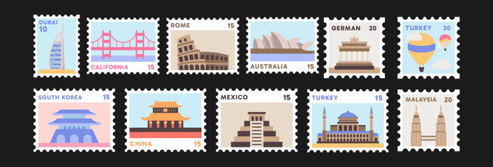 Set of Country Landmark Stamp Illustrations