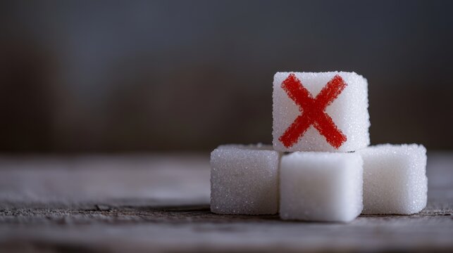 Four sugar cubes are laying on a wooden table, with the top one marked with a red x, representing the concept of reducing or eliminating sugar intake for a healthier lifestyle
