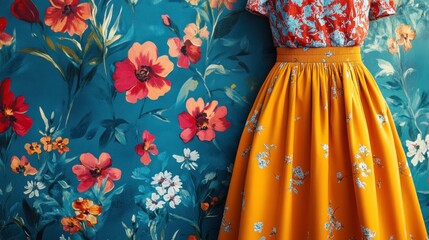 Colorful floral dress against a vibrant wallpaper.