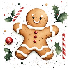 Cheerful gingerbread cookie surrounded by festive decorations, perfect for holiday celebrations and seasonal designs.