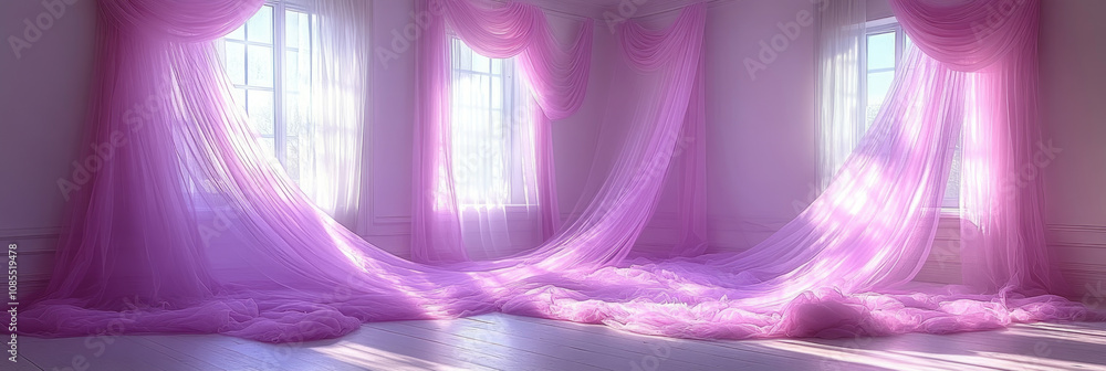 Aufkleber light filters through large windows, illuminating flowing pink curtains that create a whimsical and 