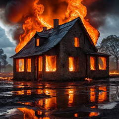 a fire burns in a house on fire with a sky background

