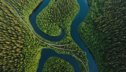 Obraz premium aerial shot of winding river in green forest