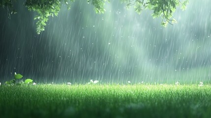 Fototapeta premium Serene Rainfall Over Lush Green Grass in a Tranquil Natural Setting with Soft Focus and Delicate Sunlight Filtering Through Leaves