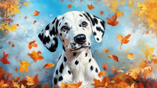 Adorable Dalmatian Dog Surrounded by Vibrant Autumn Leaves Displaying Cheerful Expression in a Bright Blue Sky Background