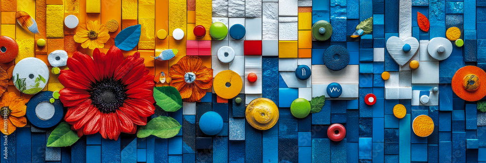 Poster a stunning array of textures and colors combines flowers and shapes, creating a lively and modern ab