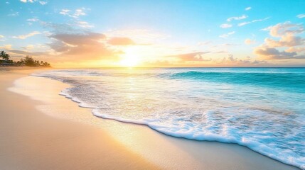 Tranquil Sunset Over Serene Beach with Gentle Waves and Clear Blue Sky Reflecting Warm Golden Light on Soft Sandy Shoreline