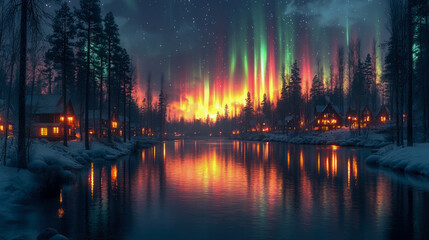 Under a starry sky, vibrant northern lights dance above a serene river, reflecting in the water while warm lights glow from nearby cabins