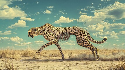 Obraz premium Weakened Cheetah Struggling to Hunt on Dry Savanna Landscape