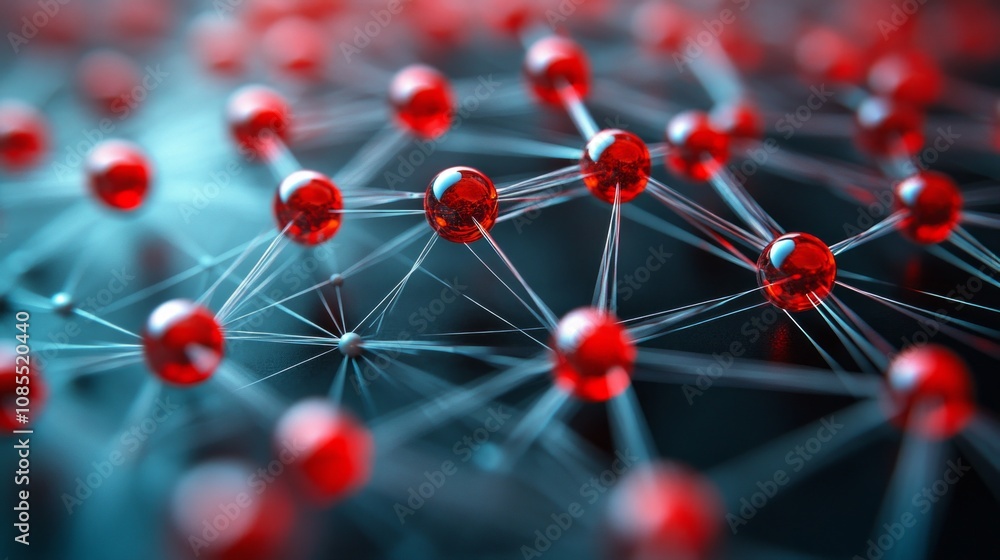 Poster a close-up view of interconnected red spheres representing molecular structures.