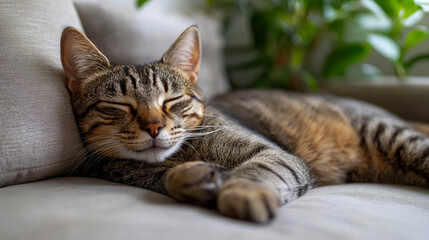 A tabby cat peacefully naps against a soft couch while the warm sunlight filters through nearby plants, creating a cozy atmosphere in the room
