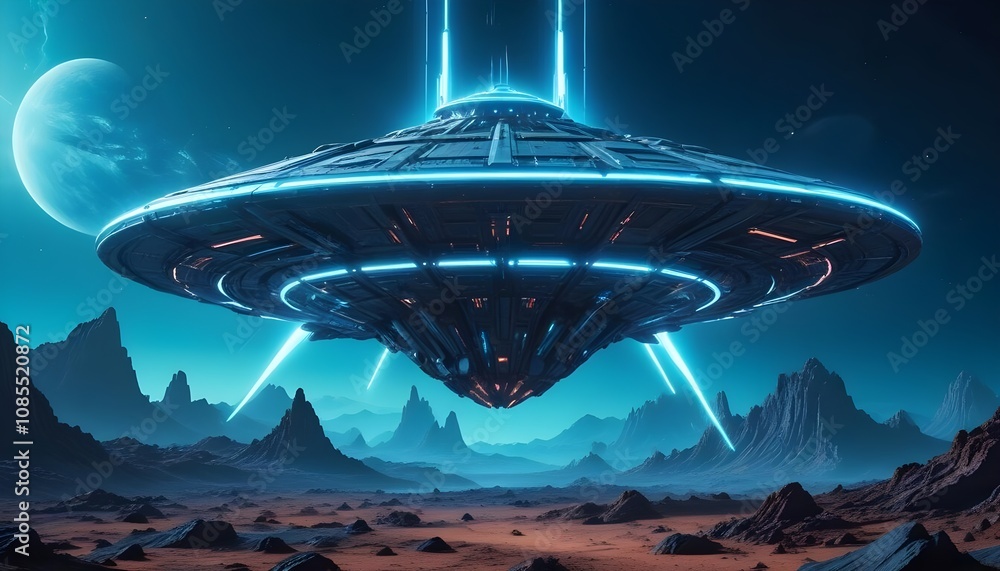 Canvas Prints a mysterious futuristic spacecraft hovers above a distant alien planet its glowing energy core puls