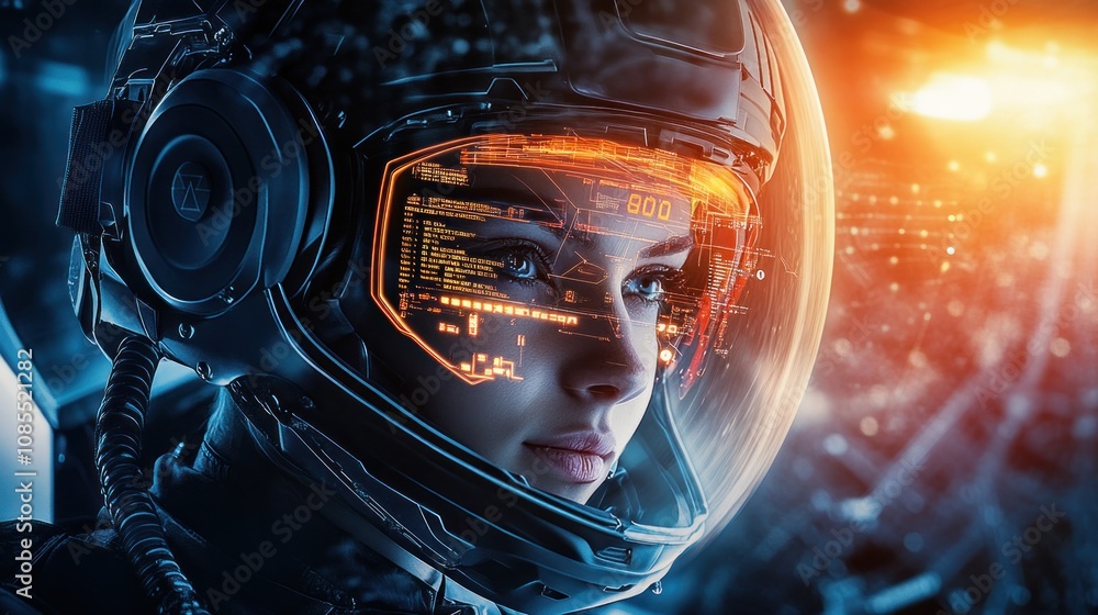 Poster futuristic astronaut with a high-tech helmet gazes into space, displaying digital data.