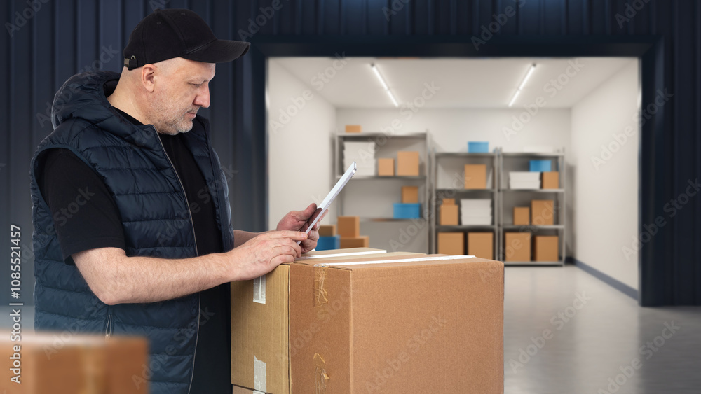 Aufkleber man is standing in warehouse building. self storage unit. warehouse room with open gate. storage uni