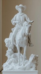 A white sculpture of a cowboy on horseback, symbolizing Western heritage and culture.