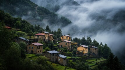 Fototapeta premium Serene Mountain Village Surrounded by Misty Hills and Lush Greenery in an Enchanting Landscape at Dusk