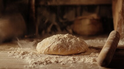 Obraz premium Close-up of raw wheat dough covered with flour, rolling pin beside it, softly lit rustic setting.