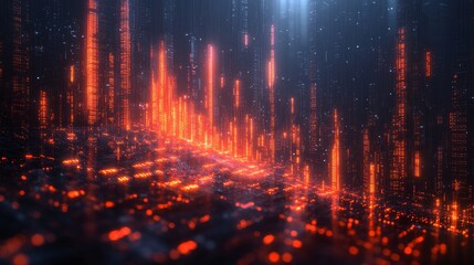 Fototapeta premium A digital landscape with glowing data streams and abstract structures.