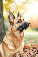 Obraz premium German Shepherd dog sitting among colorful autumn leaves, showcasing its alert expression and beautiful fur. warm sunlight enhances serene atmosphere