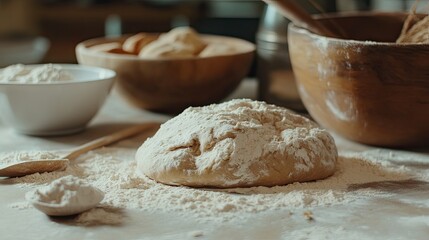 Fototapeta premium Close-up of raw wheat dough, flour dusted across the table, with a bowl of flour and wooden spoon nearby.