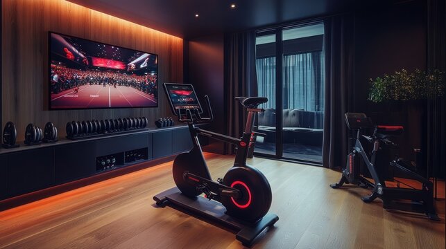 Modern home gym with exercise equipment and screen.