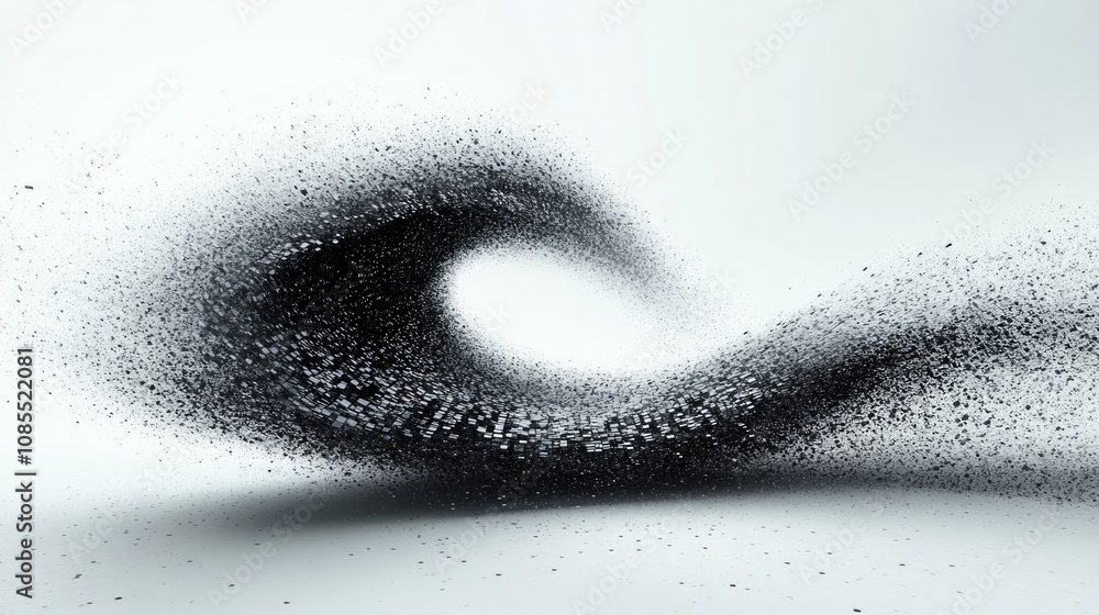 Poster a dynamic wave of black particles creates an abstract, fluid motion effect.