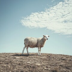 Fototapeta premium Malnourished Sheep on Barren Hillside Representing Climate Change Impact on