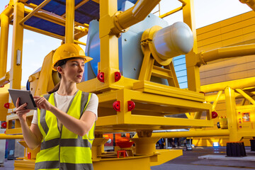 Woman near gas distribution station. Engineer on territory of industrial factory. Female...