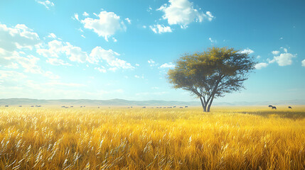Fototapeta premium field, sky, landscape, wheat, nature, grass, meadow, summer, agriculture, farm, cloud, blue, tree, autumn, rural, clouds, yellow, grain, plant, green, sun, horizon, country, season, harvest