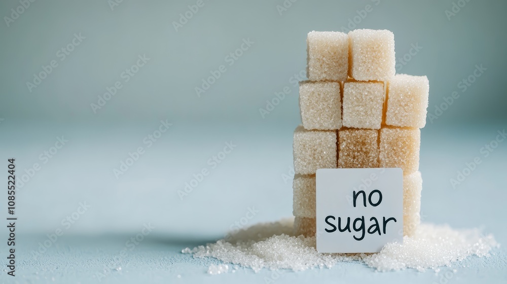 Poster stacked sugar cubes and loose granules forming a small pile on a light blue surface, with a no sugar