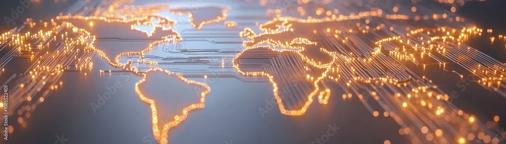 Poster abstract representation of a world map with glowing connections.