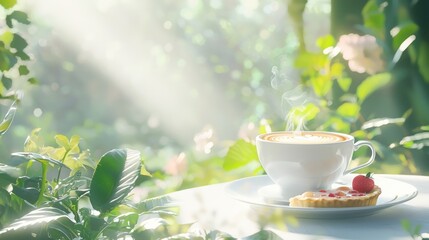 Serene Morning at a Charming Outdoor Caf&Atilde;&copy; - Cup of Coffee, Fruit Tart, Lush Garden View | Ultra-Detailed Photo