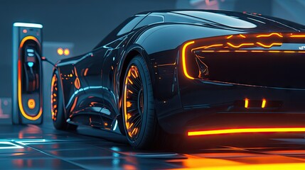 Close-up of the charging port of an electric car, with the charging station in the background. Futuristic and high-tech look.