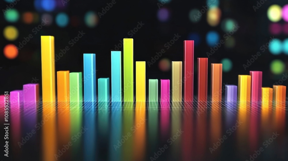 Poster colorful sound waves visual representation with bright bar graph and reflective surface for artistic