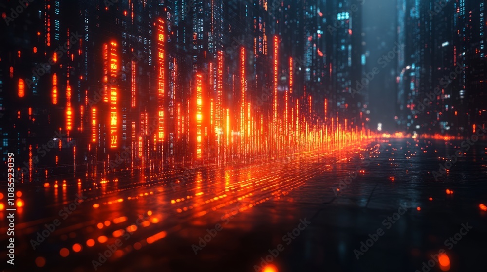 Aufkleber a futuristic digital landscape with glowing data streams and reflections on a dark surface.