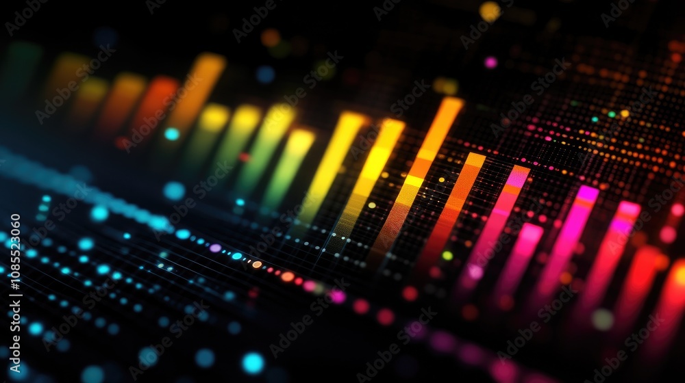 Poster vibrant colorful sound wave visualization with abstract digital background in glowing pixels and lig