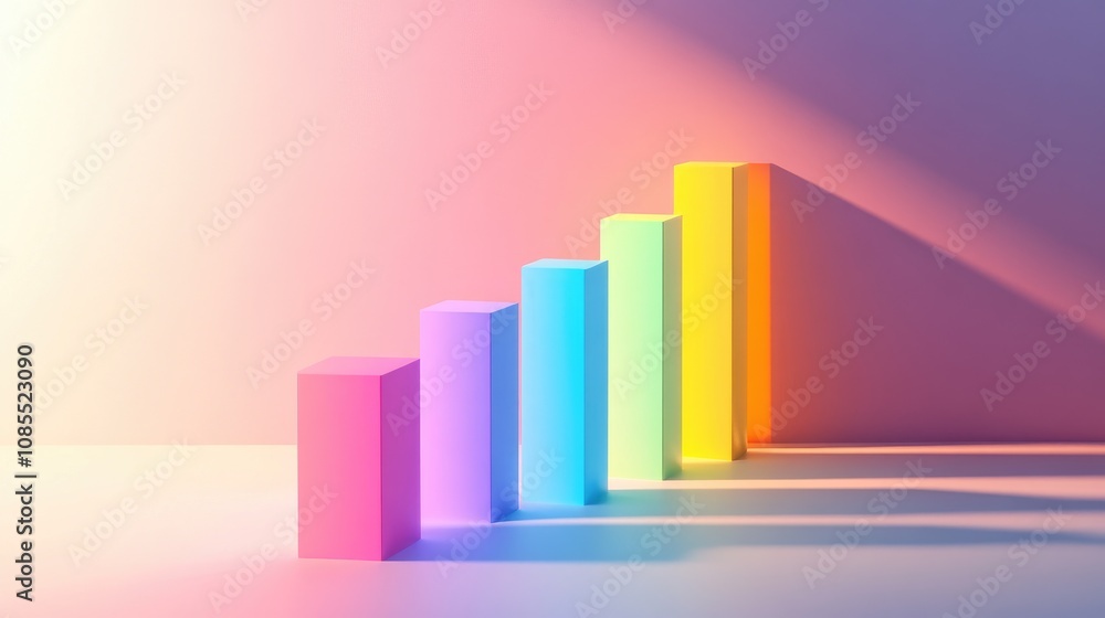 Poster modern abstract colorful bar graph displaying growth with soft shadows on pastel background for busi