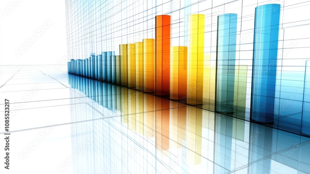 Poster abstract data visualization with colorful bar graphs reflecting on a modern surface, perfect for ill