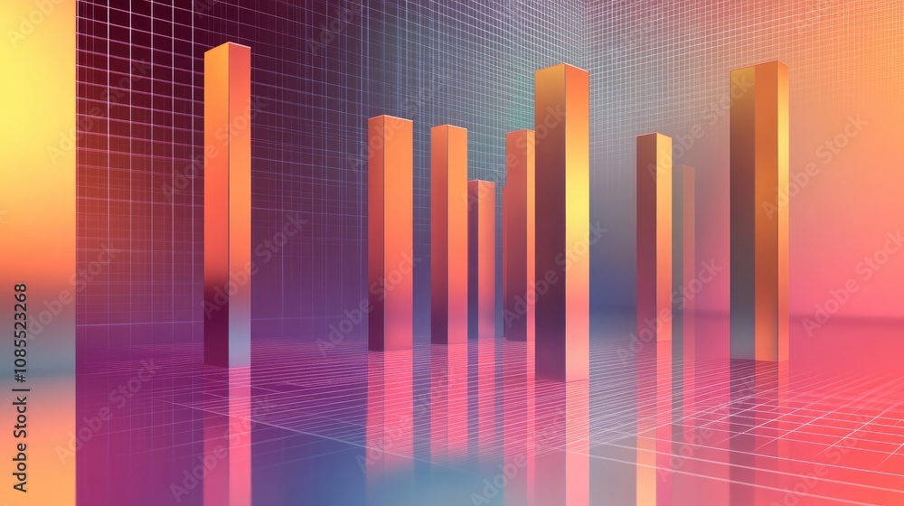 Poster abstract modern digital visualization of colorful bar graphs in a futuristic space with reflections,