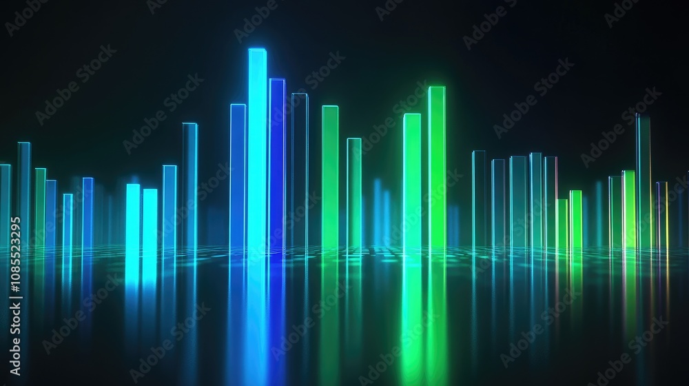 Poster colorful neon graphs rising and falling in a dark environment with reflections on the surface, repre