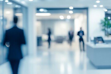 Blurred empty modern office. Defocused abstract light bokeh business open space interior background. Corporate strategy, finance, operations. People blurred silhouettes, blur focus. White Blue toned