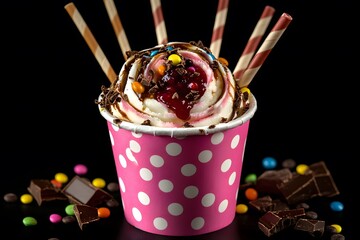 Delicious cupcake with cream and homemade raspberries